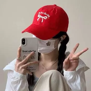 ins Новая универсальная бейсболка с вышитым бантом из Южной Кореи, детская уличная кепка с мягким верхом и солнцезащитным козырьком из стираного хлопка Adjustable чёрный