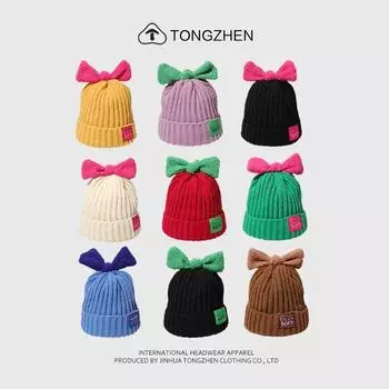 Ins Новые цветные вязаные женские шапки с бантом, осенние и зимние корейские универсальные шапки-бини с принтом лица, маленькие теплые вязаные шапки 56-58cm фиолетовый