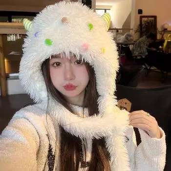 Ins Новые забавные маленькие ушки плюшевые защитные шапки для женщин и мужчин зимняя корейская утолщенная теплая милая симпатичная шапка-бомбер на ремне 56-58cm зелёный