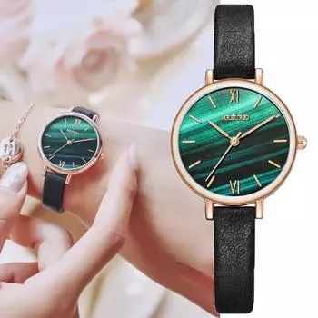 INS, новый элегантный дизайн, женские кварцевые наручные часы, модные часы из искусственной кожи с зеленым циферблатом, лучшие подарки для семьи зеленый цвет-серебро