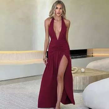ins осень и зима новое платье с V-образным вырезом и разрезом на шее сексуальное плиссированное платье с открытой спиной однотонное платье S бордовый