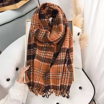 Ins Осень и зима Высококачественный кашемировый клетчатый шарф для женщин Ниша Ретро Велоспорт На Открытом Воздухе С Теплым Шарфом 65*180 небесно-голубой