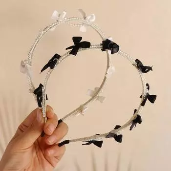 Ins Pearl Hair Band Headwear Pearl Hair Hoop Elegant Bow Headband Daily чёрный