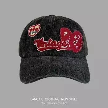 INS Personalized Girly Washed Denim Distressed Light Blue Letter Patch Peaked Cap Easiest for Match Baseball Hat Black Adjustable