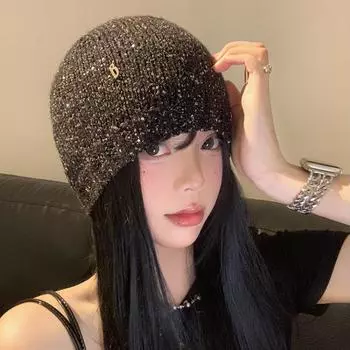 Ins персонализированные шапки-пуловеры с пайетками для женщин 2024 года, осень, новая модная универсальная шапка-бини с принтом лица Y2k 56-58cm