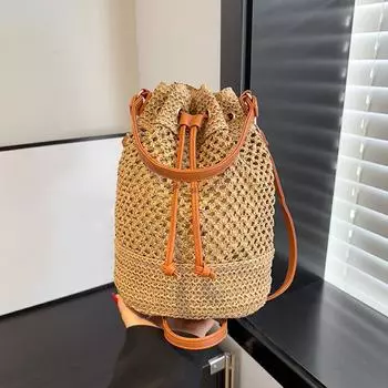 Ins плетеная соломенная сумка-ведро женская летняя пляжная сумка через плечо женские ретро дорожные сумки на плечо на шнурке для отпуска 28x14x30cm хаки