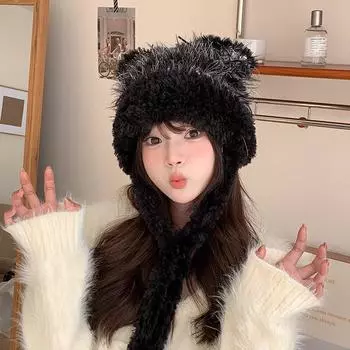 ins плюшевая шапка с ушками медведя осенне-зимняя женская плюшевая теплая сумка для защиты ушей головы большая окружность головы показывающая лицо маленькая шерстяная шапка бежевый