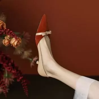 ins показывает длину ноги ~ французский цветной бант заостренный нос легкий рот одинарные туфли темперамент маленькие каблуки шпильки высокие каблуки женщины 34