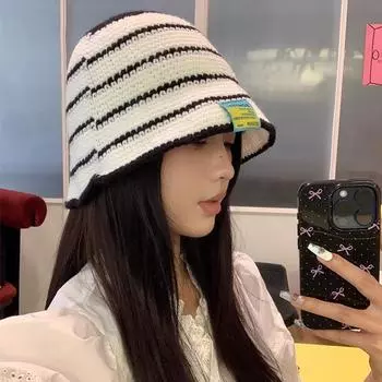 ins полосатая вязаная панама женская летняя 2024 новая универсальная большая окружность головы показывать лицо маленькая солнцезащитная козырек от солнца шляпа для бассейна M56-58cm