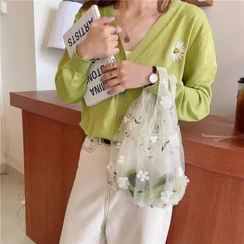 ins полупрозрачная шелковая сетка вышитая цветочная сумка цветочная маленькая свежая сетчатая сумка для покупок сумка прямые продажи жёлтый