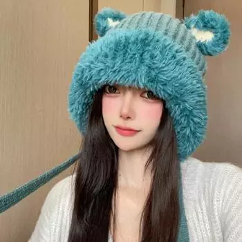 Ins Популярная Милая Медвежья Ушка Плюшевая Вязаная Шапка-Бомбер Осень и Зима Теплая Утолщенная Защита Ушей Милые Красивые Женские Шапки 56-58cm