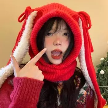 Ins Популярные вязаные шапки-балаклавы с ушками кролика на ремне для женщин, осенние и зимние, милые, симпатичные, маленькие, пуловеры, бомберы 56-58cm бежевый