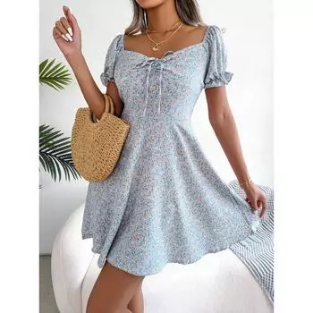 Ins Повседневная пышная юбка с рукавами-колокольчиками и шнуровкой, кружевная пышная юбка с цветочным принтом, женская одежда S красный