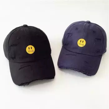 ins простая желтая кепка с принтом смайлика, рваная женская весенне-летняя модная бейсболка, мужская универсальная шляпа от солнца Adjustable чёрный