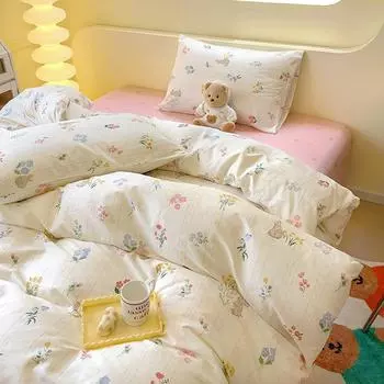 Ins простой стиль, комплект из четырех предметов из чистого хлопка, пододеяльник из хлопка, простыня, небольшой комплект из трех предметов с цветочным рисунком 1.2m bed sheet 3pcs