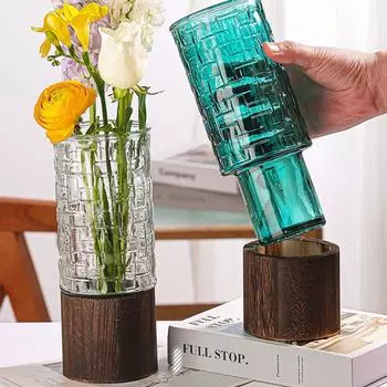 INS Прозрачная ваза для цветов Современный гидропонный цветочный горшок Стеклянная ваза Свадебный декор Clear without Wooden Base