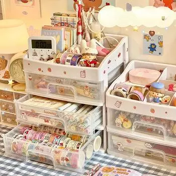 Ins Прозрачный ящик для хранения ящиков Розовый косметический отделочный ящик для макияжа Полка для общежития Kawaii Милая девушка Сердце Настольный органайзер 2 layer