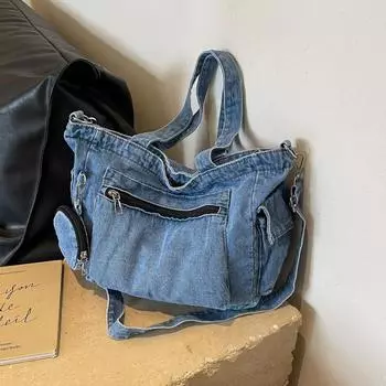 ins японская сумка Harajuku girl denim bag 2024 новая вместительная универсальная повседневная сумка-мессенджер через плечо темно-синий