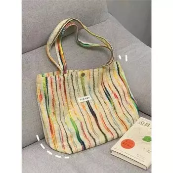 ins Радужная полосатая холщовая сумка Hanfeng Heavy Industry с вышивкой под мышкой на одно плечо, объемная большая вместительная сумка-тоут для поездок на работу