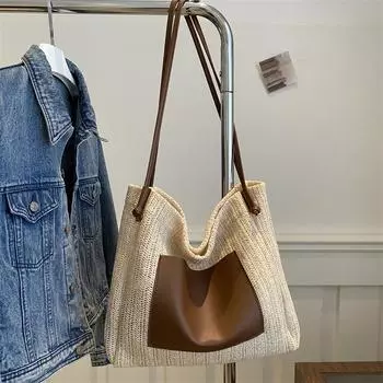 ins ретро плетеная сумка-тоут соломенная сумка для отдыха сумка через плечо большая вместительная сумка для покупок пляжная сумка сумка для матери и ребенка белый