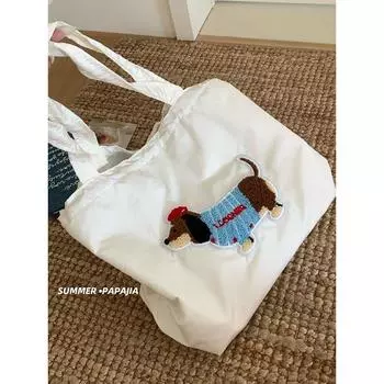 INS Sausage Puppy Red Canvas Bag Female 2025 New Arrival Summer Large Capacity Shoulder Bag Idle Style Tote Bag White [Dachshund]]