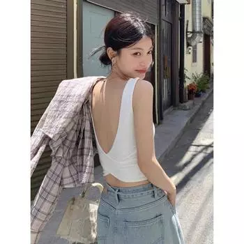 INS Sexy Open Back Cross Strap Women s Chest Pad Silm Sexy Inner Wear Blouse Summer Outwear Sports Vest White S