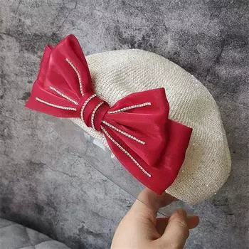 Ins шикарная летняя полиэстеровая дышащая атласная блестящая дрель с бантом, женский берет, женская шляпа художника для отдыха head size 57cm