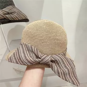 Ins шикарная летняя японская женская солнцезащитная кепка из натурального растительного волокна в полоску с бантом и закатанными полями, женская шляпа для отдыха head size 57cm