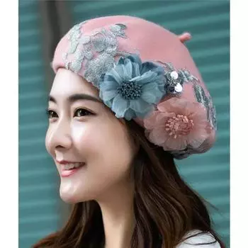 Ins шикарный зимний кружевной вышивкой цветок розовый синий шерстяной женский берет шляпа женская кепка для отдыха художника head size 57cm