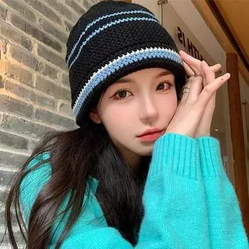 ins симпатичная вишневая вязаная панама женская шляпа маленькая шерстяная шапка модная осенне-зимняя шапка теплая шапка для бассейна M56-58cm чёрный
