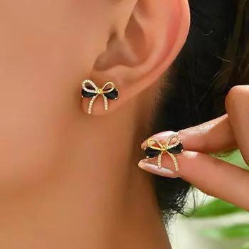ins simple bow design women s earrings personalized niche asymmetrical inlaid zircon stud earrings