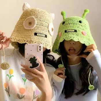 Ins Смешные мультяшные плетеные соломенные женские шапки для летних путешествий Универсальные полые дышащие солнцезащитные шляпы с милыми ушками и кружевом 56-58cm кофейный