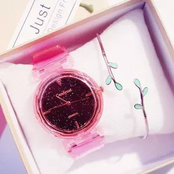 Ins Starry Girl Watch Простой силиконовый ремешок Роскошные кварцевые часы Женские часы розовый