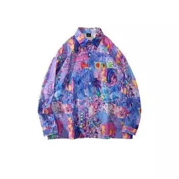 Ins Стиль Гонконга Ретро Шикарная Цветочная Рубашка С Длинными Рукавами Для Мужчин, Гавайи Пляж Модная Пара Цветочная Рубашка Куртка M