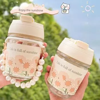 INS Стиль Высокая красота Жемчужная цепочка Чашка для воды Девушка Стеклянная чашка для питья Маленькая свежая портативная соломенная чашка с ручным подарком Женская кофейная чашка 400ml
