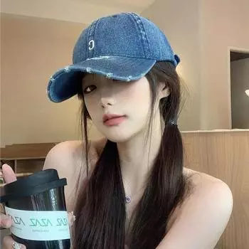 ins street retro рваная повседневная джинсовая бейсболка женская летняя кепка с вышитой буквой C мужская