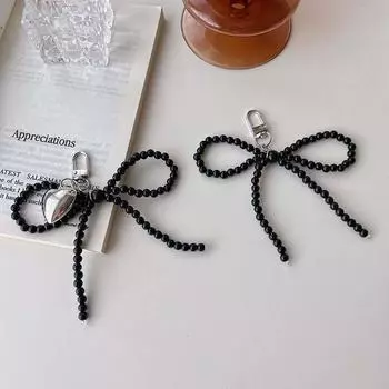 Ins Style бант бисерный брелок трехмерный серебряный сердечко телефон кулон чехол для наушников подвеска автомобильный брелок сумка декор as the picture