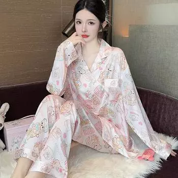 Ins Style Cake Little Bear Print Женская пижама с рисунком из мультфильма Милая милая Harajuku Lounges Осенняя ночная одежда L