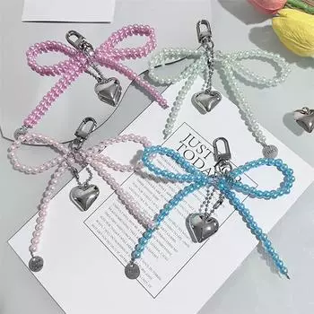 Ins Style цветной бант бисерный брелок 3D серебряный сердечко телефон кулон чехол для наушников подвеска сумка декор автомобильный брелок as the picture