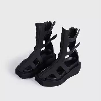 Ins style Fashion Black Square toe Wedges Women Summer Sandals Boots Casual Flats Zipper Gladiator Sandals Girls Chunky Shoes 35