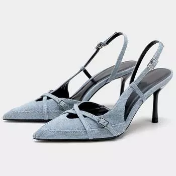 Ins style Fashion Blue Denim Strap Buckle Women Pumps Elegant Pointed toe Thin High heels Slinbacks Mules Party Shoes Sandalias 35