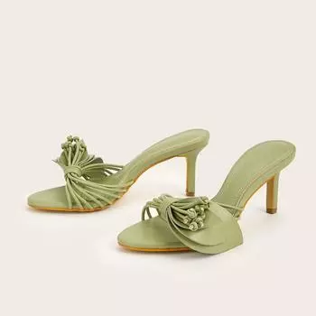 Ins style Fashion Bowknot Narrow band Women Slippers Sandals Elegant Summer High heels Mules Slides Female Party Dress Shoes 35