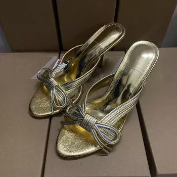 Ins style Fashion Gold Bowknot Women Slippers Sandals Elegant Stiletto High heels Chic Mules Slides Summer Party Dress Shoes 35