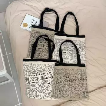 ins style graffiti английская однотонная сумка на плечо из холста сумка для покупок школьная сумка женская персонализированная сумка для хранения с принтом