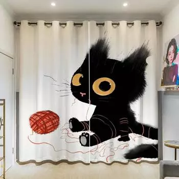 INS-style Illustration Cat Series High Shading Curtains Различные узоры иллюстраций Плотная затемняющая драпировка Различные узоры W55 X H120cm X 2&HOOK