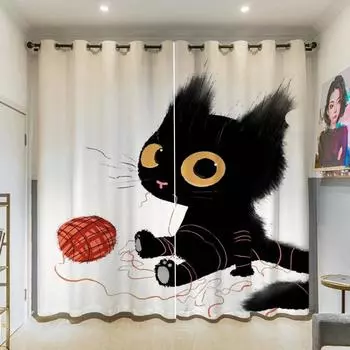 INS-style Illustration Cat Series High Shading Curtains Различные узоры иллюстраций Плотная затемняющая драпировка Различные узоры W55 X H120cm X 2&HOOK