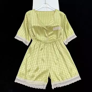 Ins Style Kilobird Check Pattern Женская пижама с кружевом и цветочным узором сбоку Повседневная домашняя одежда для отдыха Летняя короткая женская домашняя одежда M зелёный