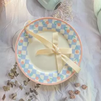 Ins Style, красивая, красивая тарелка с шахматным узором, сине-белая керамическая тарелка с тюльпанами, десертная тарелка для торта, салата, завтрака, подарок