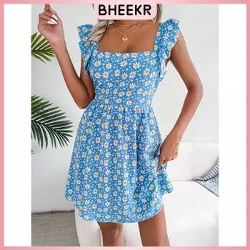 Ins Style повседневное праздничное платье со шнуровкой и принтом ромашки, женская одежда S чёрный