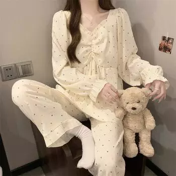 Ins Style Повседневный женский пижамный комплект с принтом в горошек Эстетическая французская милая домашняя одежда Ночная одежда Осенняя одежда для сна с рукавом реглан M